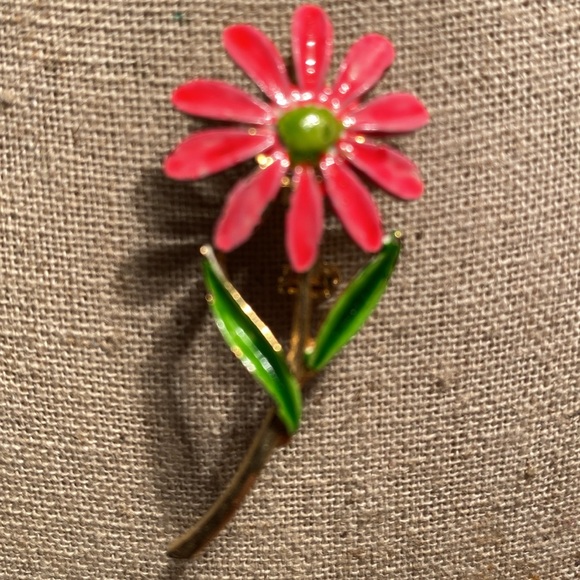 Vintage Enamelled Daisy Brooch in Pink, Green & Yellow on Gold-Tone - Picture 2 of 4
